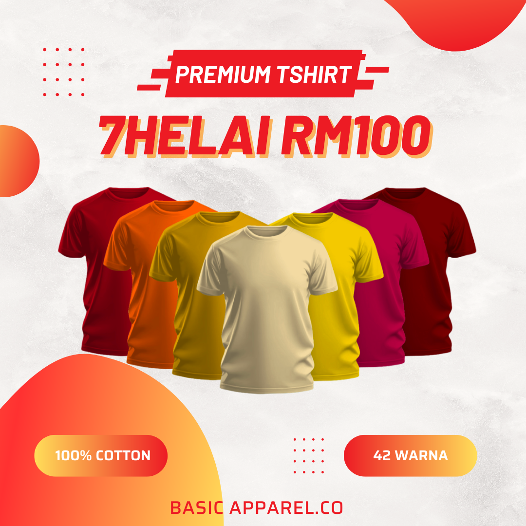 Set E 7 Helai – T-shirt cotton warna merah, oren dan kuning