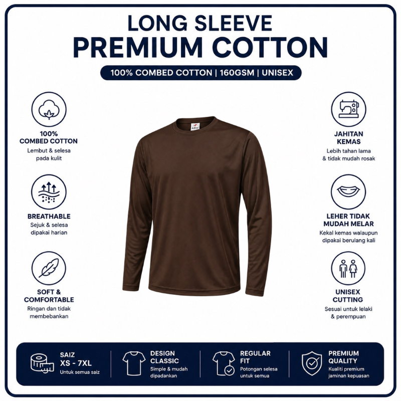 [5Helai RM100]Premium Cotton Long Sleeve T-Shirt 160gsm | Unisex XS–3XL | 100% Combed Cotton