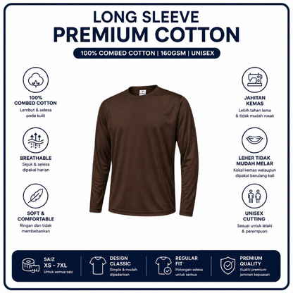 [5Helai RM100]Premium Cotton Long Sleeve T-Shirt 160gsm | Unisex XS–3XL | 100% Combed Cotton