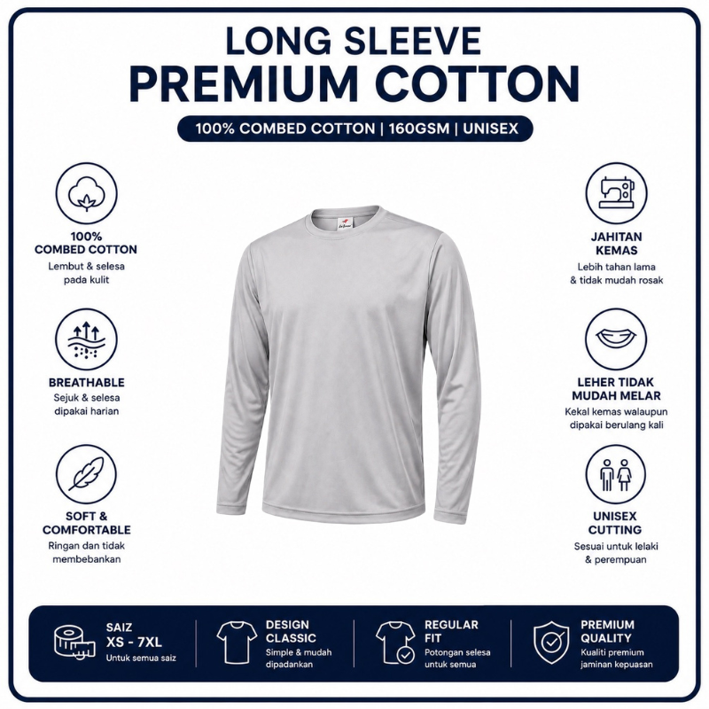 [5Helai RM100]Premium Cotton Long Sleeve T-Shirt 160gsm | Unisex XS–3XL | 100% Combed Cotton