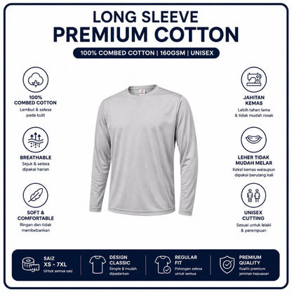 [5Helai RM100]Premium Cotton Long Sleeve T-Shirt 160gsm | Unisex XS–3XL | 100% Combed Cotton