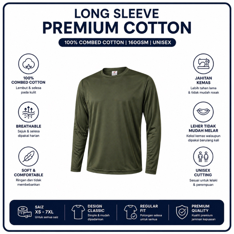 [5Helai RM100]Premium Cotton Long Sleeve T-Shirt 160gsm | Unisex XS–3XL | 100% Combed Cotton