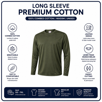 [5Helai RM100]Premium Cotton Long Sleeve T-Shirt 160gsm | Unisex XS–3XL | 100% Combed Cotton