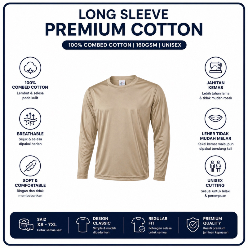 [5Helai RM100]Premium Cotton Long Sleeve T-Shirt 160gsm | Unisex XS–3XL | 100% Combed Cotton