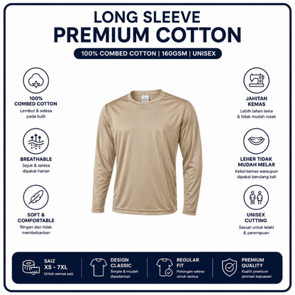[5Helai RM100]Premium Cotton Long Sleeve T-Shirt 160gsm | Unisex XS–3XL | 100% Combed Cotton