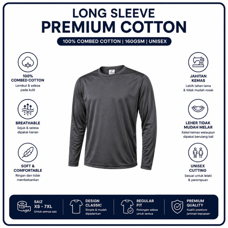 [5Helai RM100]Premium Cotton Long Sleeve T-Shirt 160gsm | Unisex XS–3XL | 100% Combed Cotton