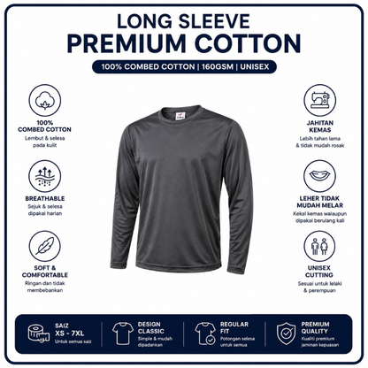[5Helai RM100]Premium Cotton Long Sleeve T-Shirt 160gsm | Unisex XS–3XL | 100% Combed Cotton