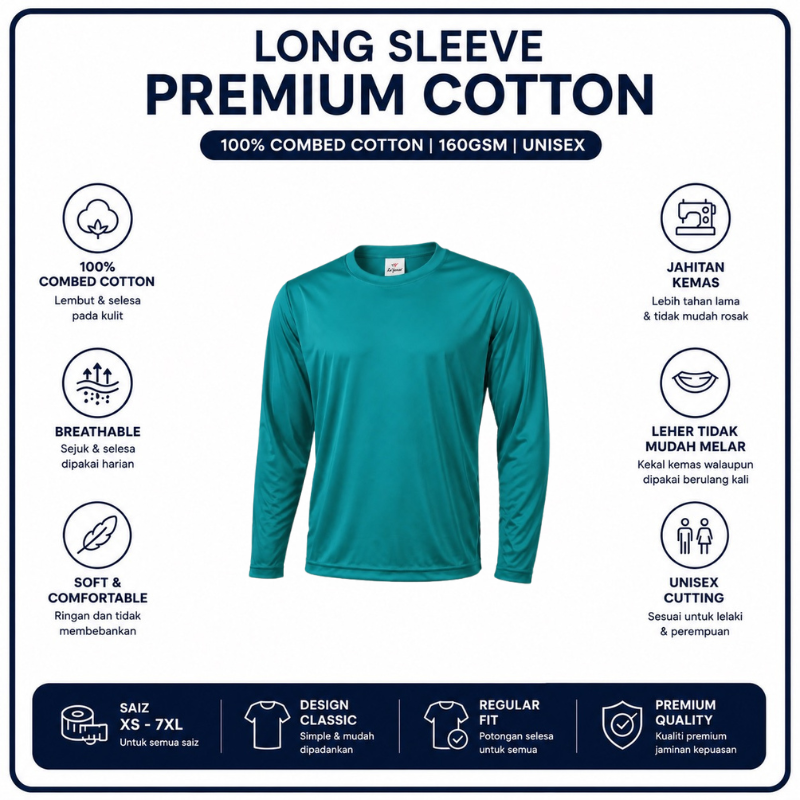 [5Helai RM100]Premium Cotton Long Sleeve T-Shirt 160gsm | Unisex XS–3XL | 100% Combed Cotton