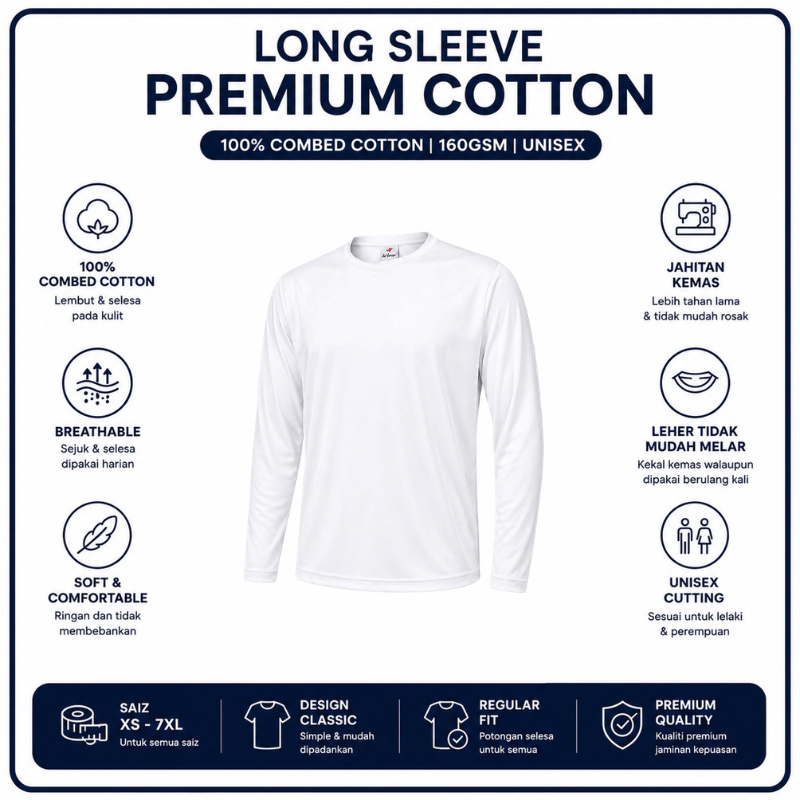 [5Helai RM100]Premium Cotton Long Sleeve T-Shirt 160gsm | Unisex XS–3XL | 100% Combed Cotton