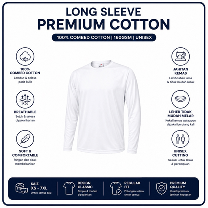 [5Helai RM100]Premium Cotton Long Sleeve T-Shirt 160gsm | Unisex XS–3XL | 100% Combed Cotton