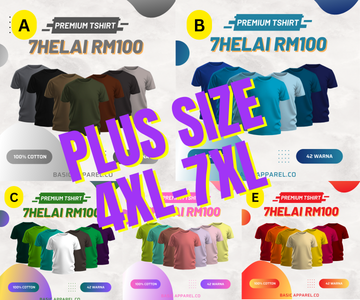 Plus Size Cotton T-Shirt Bundle 4XL–7XL | Unisex 42 Colours | 7 Helai RM140