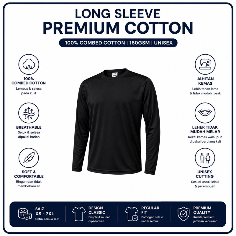 [5Helai RM100]Premium Cotton Long Sleeve T-Shirt 160gsm | Unisex XS–3XL | 100% Combed Cotton