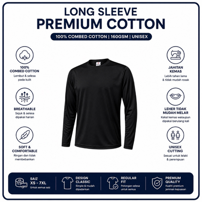 [5Helai RM100]Premium Cotton Long Sleeve T-Shirt 160gsm | Unisex XS–3XL | 100% Combed Cotton