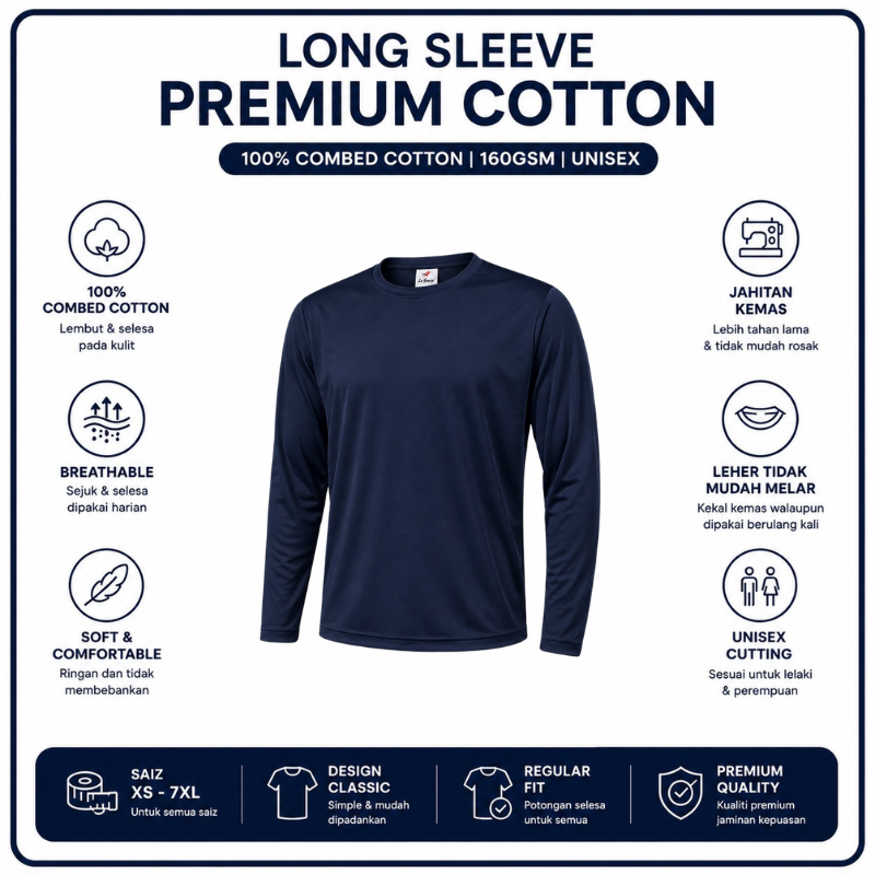 [5Helai RM100]Premium Cotton Long Sleeve T-Shirt 160gsm | Unisex XS–3XL | 100% Combed Cotton
