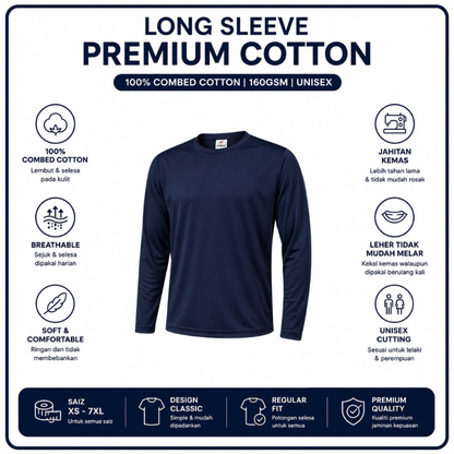 [5Helai RM100]Premium Cotton Long Sleeve T-Shirt 160gsm | Unisex XS–3XL | 100% Combed Cotton