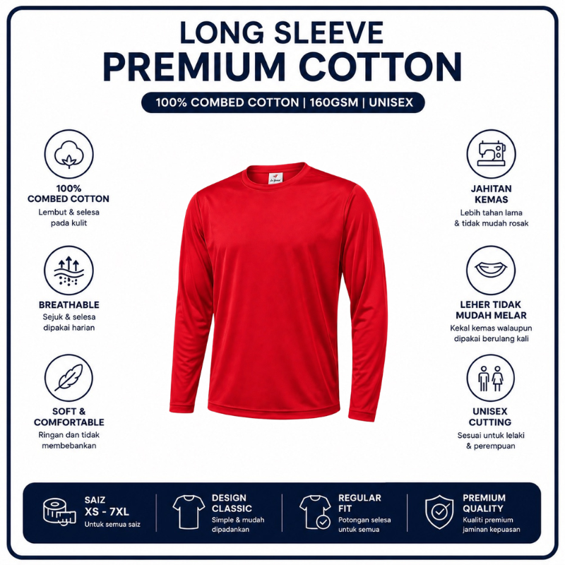 [5Helai RM100]Premium Cotton Long Sleeve T-Shirt 160gsm | Unisex XS–3XL | 100% Combed Cotton