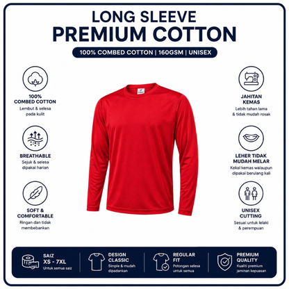 [5Helai RM100]Premium Cotton Long Sleeve T-Shirt 160gsm | Unisex XS–3XL | 100% Combed Cotton