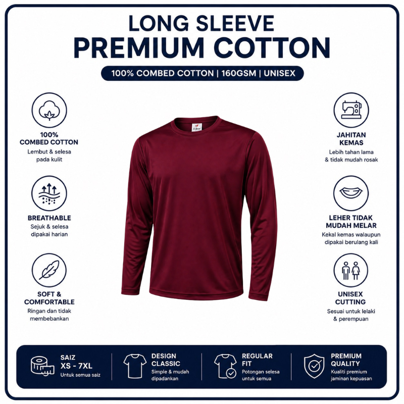 [5Helai RM100]Premium Cotton Long Sleeve T-Shirt 160gsm | Unisex XS–3XL | 100% Combed Cotton