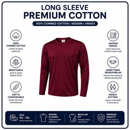 [5Helai RM100]Premium Cotton Long Sleeve T-Shirt 160gsm | Unisex XS–3XL | 100% Combed Cotton