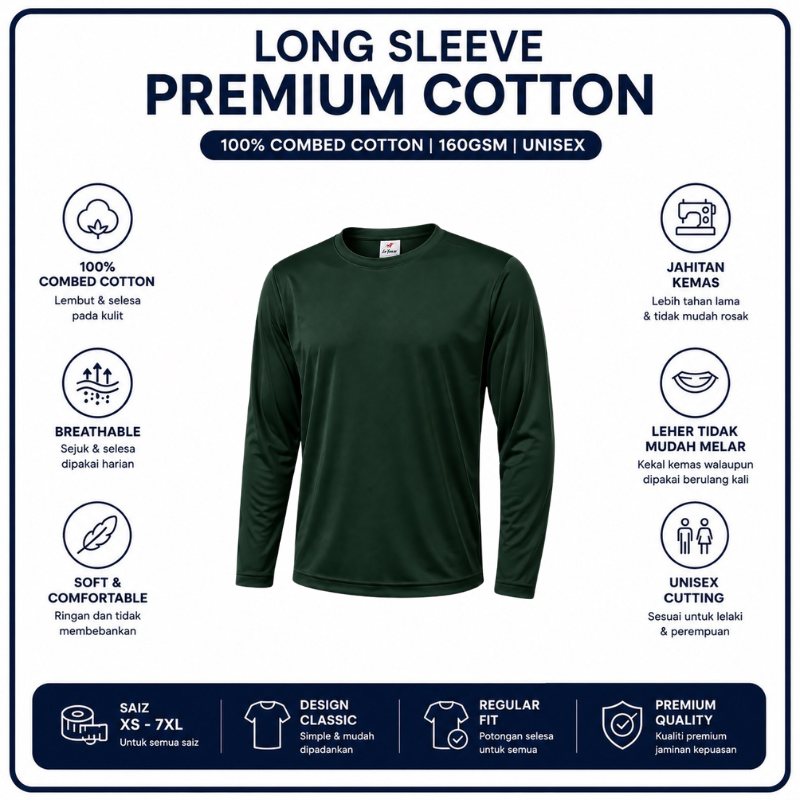 [5Helai RM100]Premium Cotton Long Sleeve T-Shirt 160gsm | Unisex XS–3XL | 100% Combed Cotton