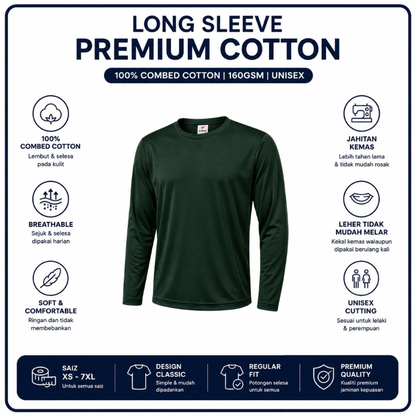 [5Helai RM100]Premium Cotton Long Sleeve T-Shirt 160gsm | Unisex XS–3XL | 100% Combed Cotton