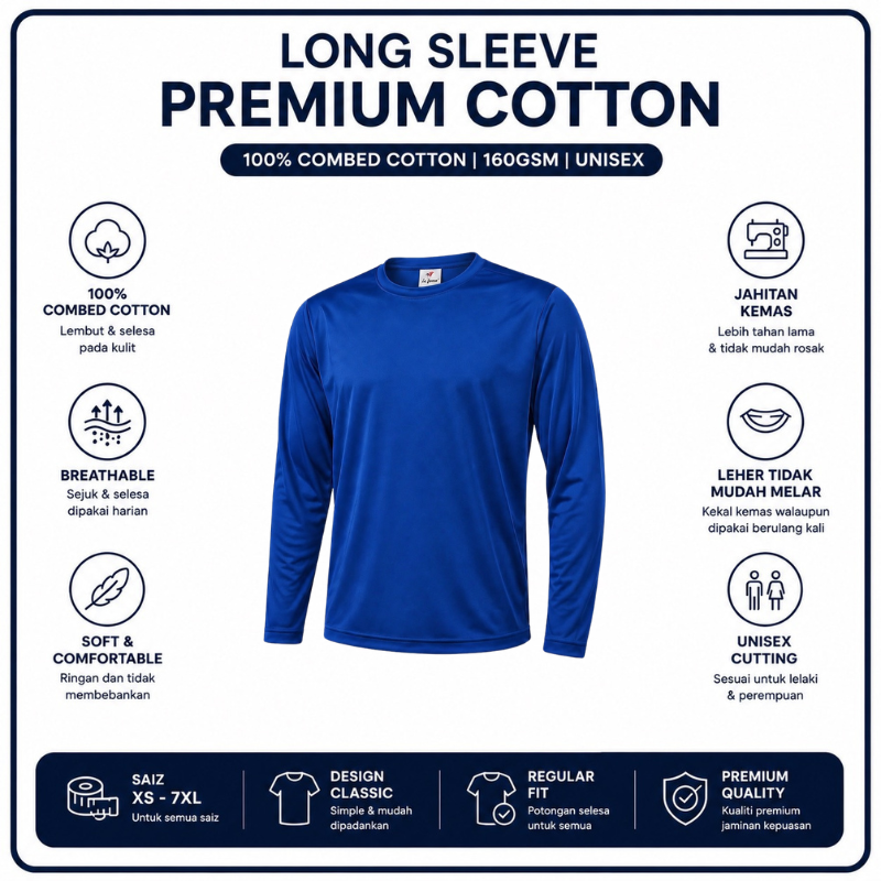 [5Helai RM100]Premium Cotton Long Sleeve T-Shirt 160gsm | Unisex XS–3XL | 100% Combed Cotton