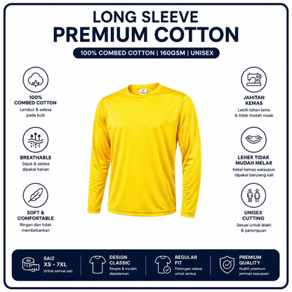 [5Helai RM100]Premium Cotton Long Sleeve T-Shirt 160gsm | Unisex XS–3XL | 100% Combed Cotton