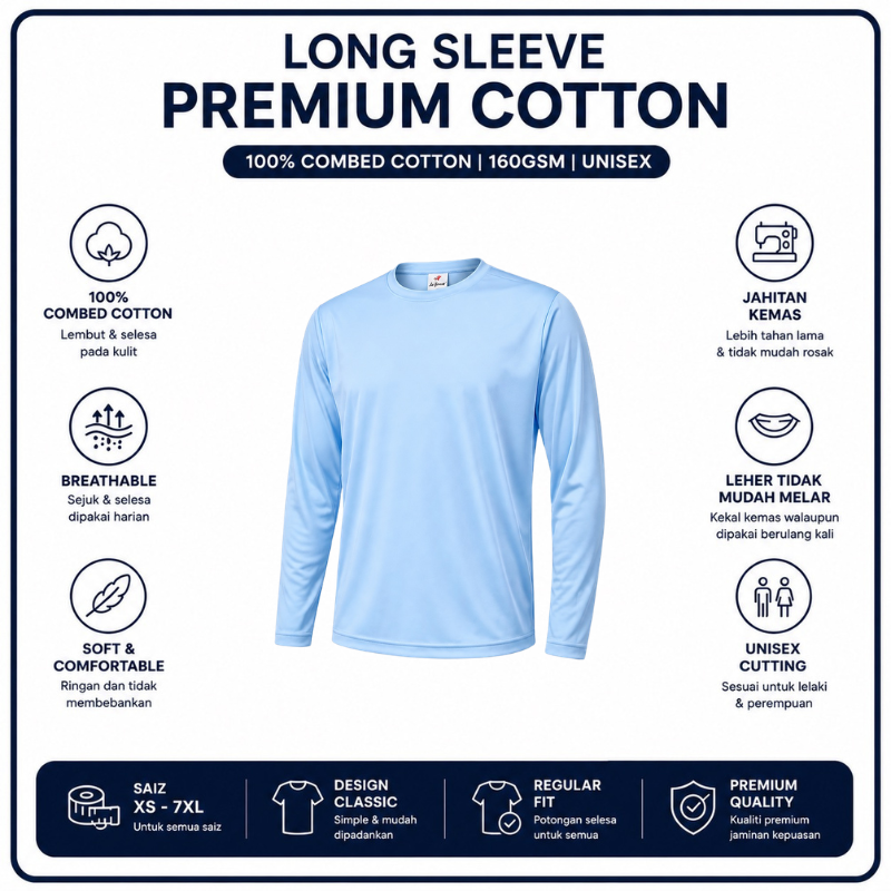 [5Helai RM100]Premium Cotton Long Sleeve T-Shirt 160gsm | Unisex XS–3XL | 100% Combed Cotton
