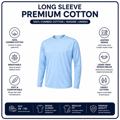 [5Helai RM100]Premium Cotton Long Sleeve T-Shirt 160gsm | Unisex XS–3XL | 100% Combed Cotton