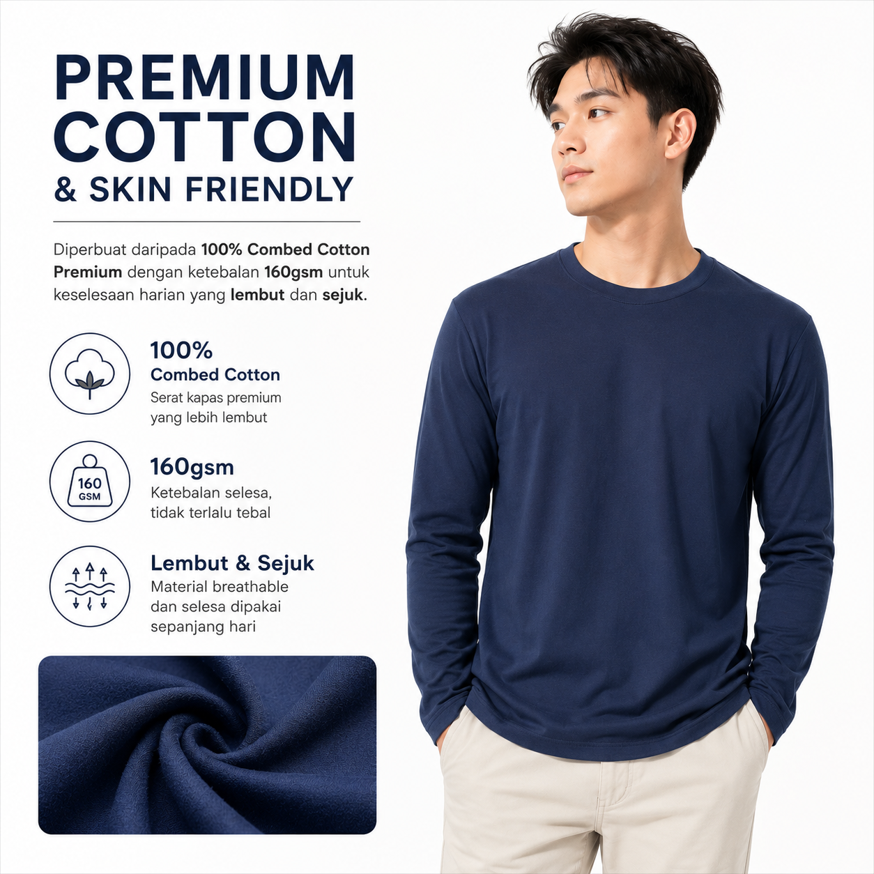 [5Helai RM100]Premium Cotton Long Sleeve T-Shirt 160gsm | Unisex XS–3XL | 100% Combed Cotton