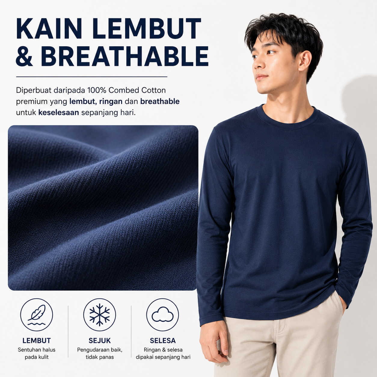 [5Helai RM100]Premium Cotton Long Sleeve T-Shirt 160gsm | Unisex XS–3XL | 100% Combed Cotton