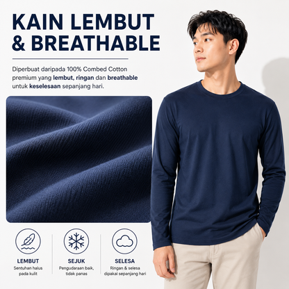 [5Helai RM100]Premium Cotton Long Sleeve T-Shirt 160gsm | Unisex XS–3XL | 100% Combed Cotton