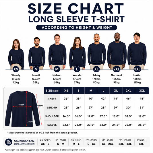 [5Helai RM100]Premium Cotton Long Sleeve T-Shirt 160gsm | Unisex XS–3XL | 100% Combed Cotton