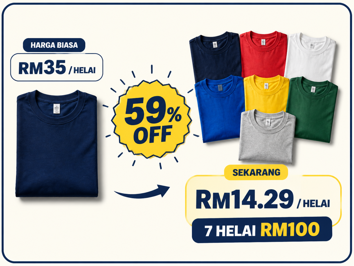 Harga biasa RM35 sehelai, diskaun 59 peratus, sekarang RM14.29 sehelai atau 7 helai RM100